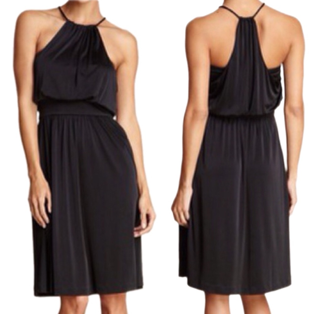 Halston Heritage Halter Midi Dress Womens Size 8 Black Cocktail Party 70s Disco